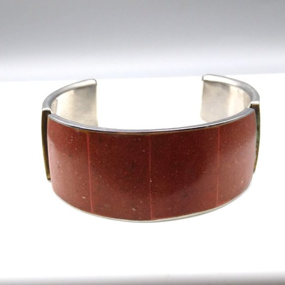 Vintage Coral Cuff Bracelet, Adjustable Made in Philippines, Inlaid Panels - Picture 2 of 6